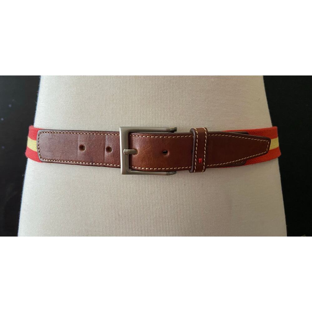 PAUL STUART Red/Yellow Stripe Stretch Belt w/Leather Trim Mens sz 42